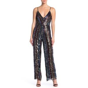 BEBE V-Neck Cowl Back Sequin Jumpsuit XL NWT